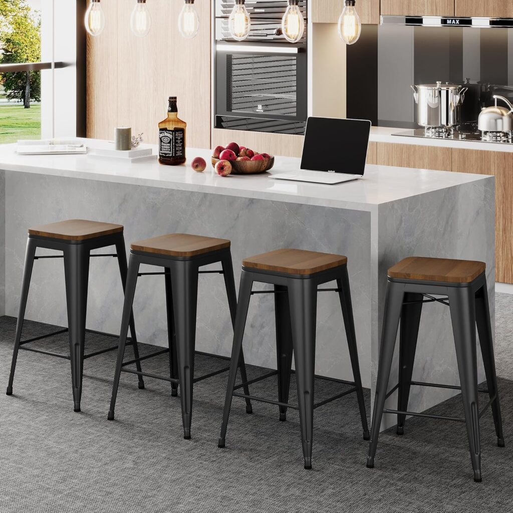 Alunaune 30 Metal Bar Stools Set of 4 Stackable Counter Height Barstools Backless Industrial Kitchen Bar Chairs with Wooden Seat-Matte Black
