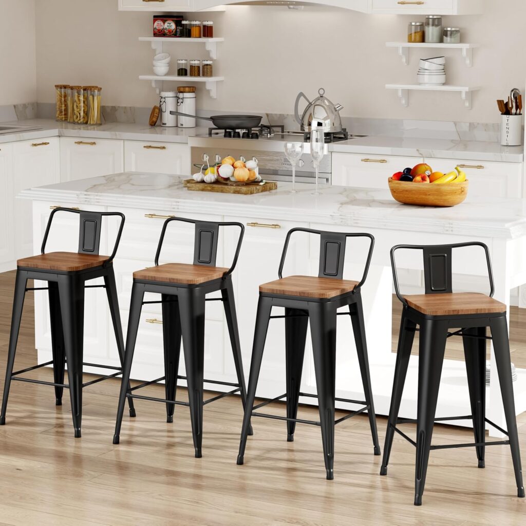 Changjie Furniture 26 Inch Bar Stools Set of 4 Industrial Metal Barstools Counter Height Bar Stool with Backs for Home Kitchen (26 inch, Black)