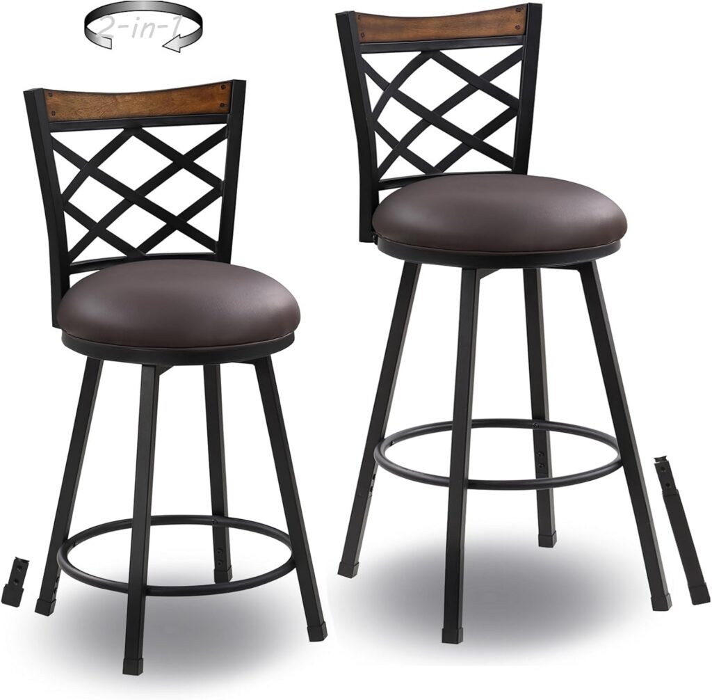 Swivel Bar Chair Set of 2, 24/29 Inch (2-in-1) Adjustable Seat Height Bar Stool with Back,Kitchen Island Barstool for Pub,360° Round Seat with Metal Base, Brown PU Leather,Black Metal,518PBR