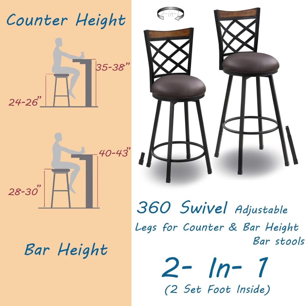 Swivel Bar Chair Set of 2, 24/29 Inch (2-in-1) Adjustable Seat Height Bar Stool with Back,Kitchen Island Barstool for Pub,360° Round Seat with Metal Base, Brown PU Leather,Black Metal,518PBR