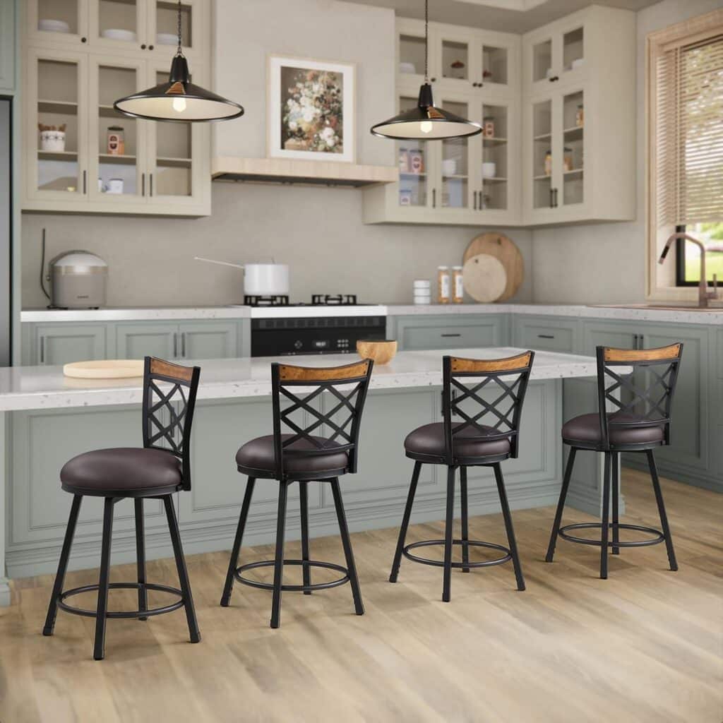 Swivel Bar Chair Set of 2, 24/29 Inch (2-in-1) Adjustable Seat Height Bar Stool with Back,Kitchen Island Barstool for Pub,360° Round Seat with Metal Base, Brown PU Leather,Black Metal,518PBR