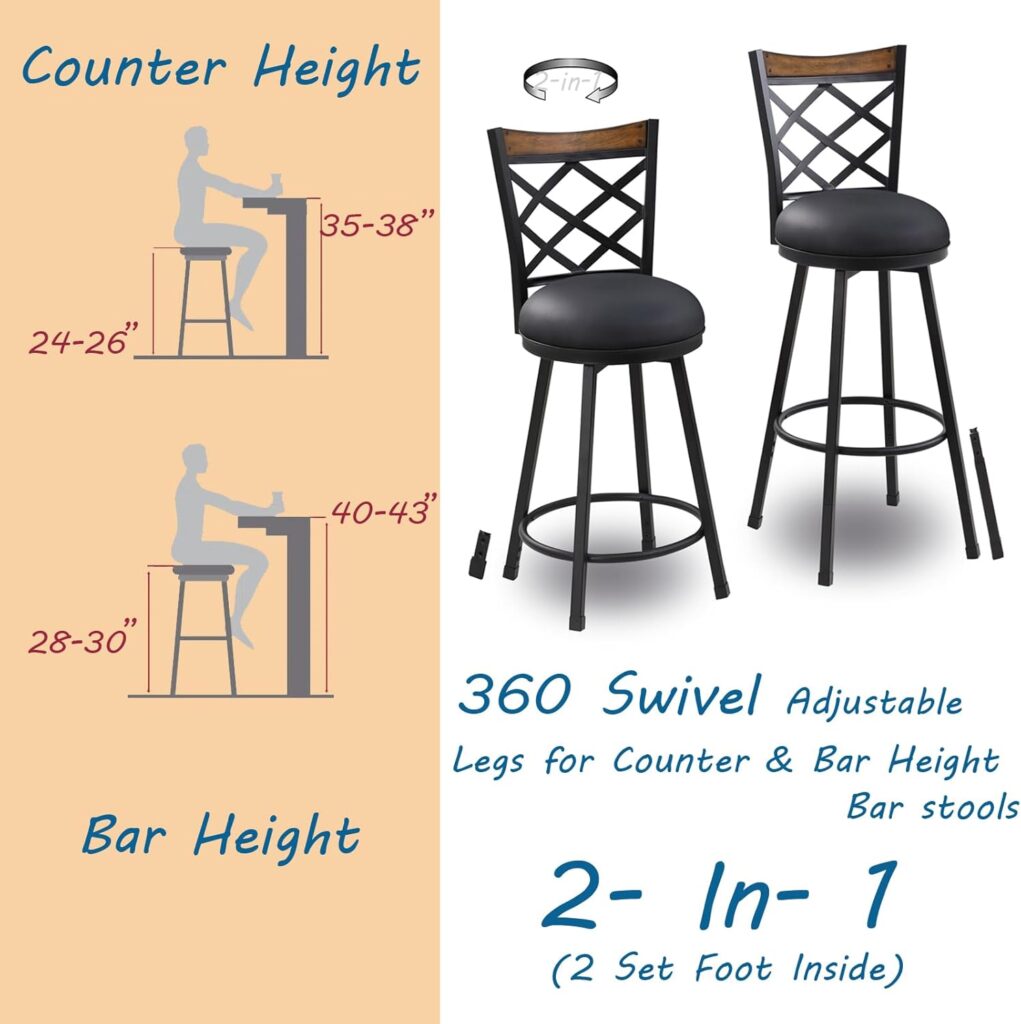 Swivel Bar Chair Set of 2, 24/29 Inch (2-in-1) Adjustable Seat Height Bar Stool with Back,Kitchen Island Barstool for Pub,360° Round Seat with Metal Base, Brown PU Leather,Black Metal,518PBR