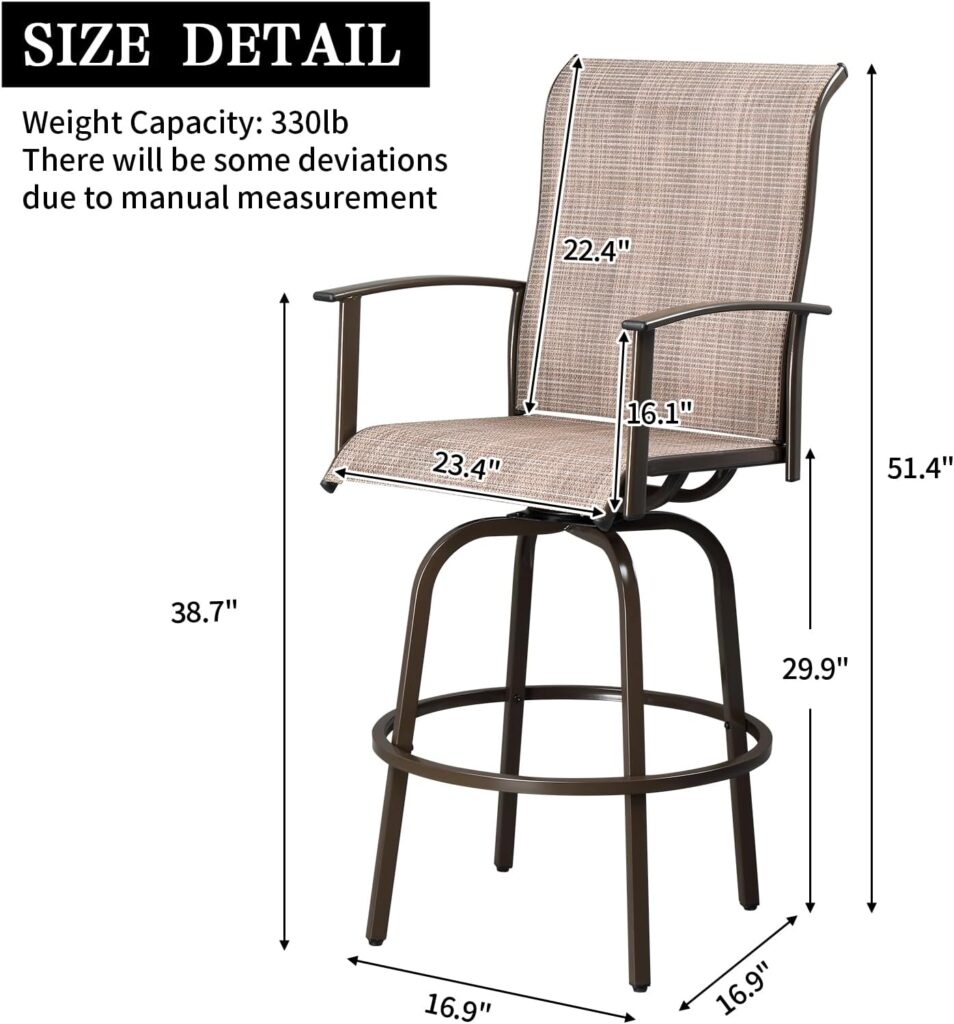 VINGLI 2 Pieces Outdoor Swivel Bar Stools, Patio Metal Bar Chairs Set of 2, All-Weather Bar Height Outdoor Chair for Outside, Yard, Lawn, Poolside and Garden (2 Chairs, Black)
