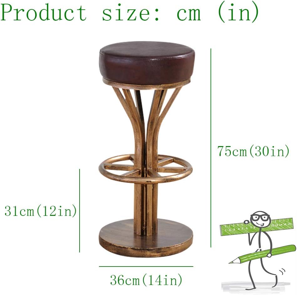 Vintage Wrought Iron Bar Stool, Antique Copper High Stool, Brown PU Seat, Handmade Personality Chair, Sitting Height 75cm (30in) for Bars, Meals, Cafes, Home