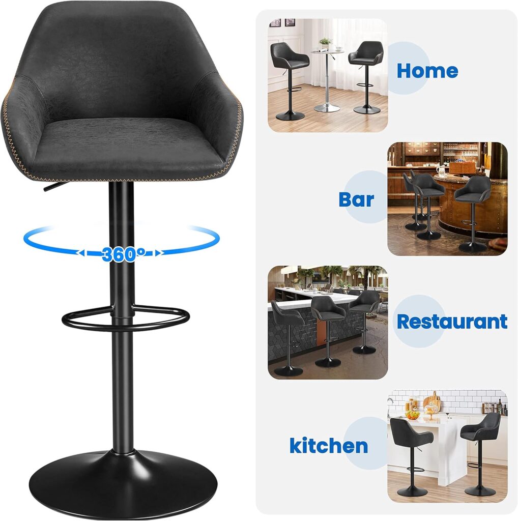 Yaheetech Bar Stools Set of 4, PU Leather Swivel Counter Height Barstools, Adjustable Bar Chairs with Backrest and Footrest, Kitchen Island Stool for Home Kitchen, Black