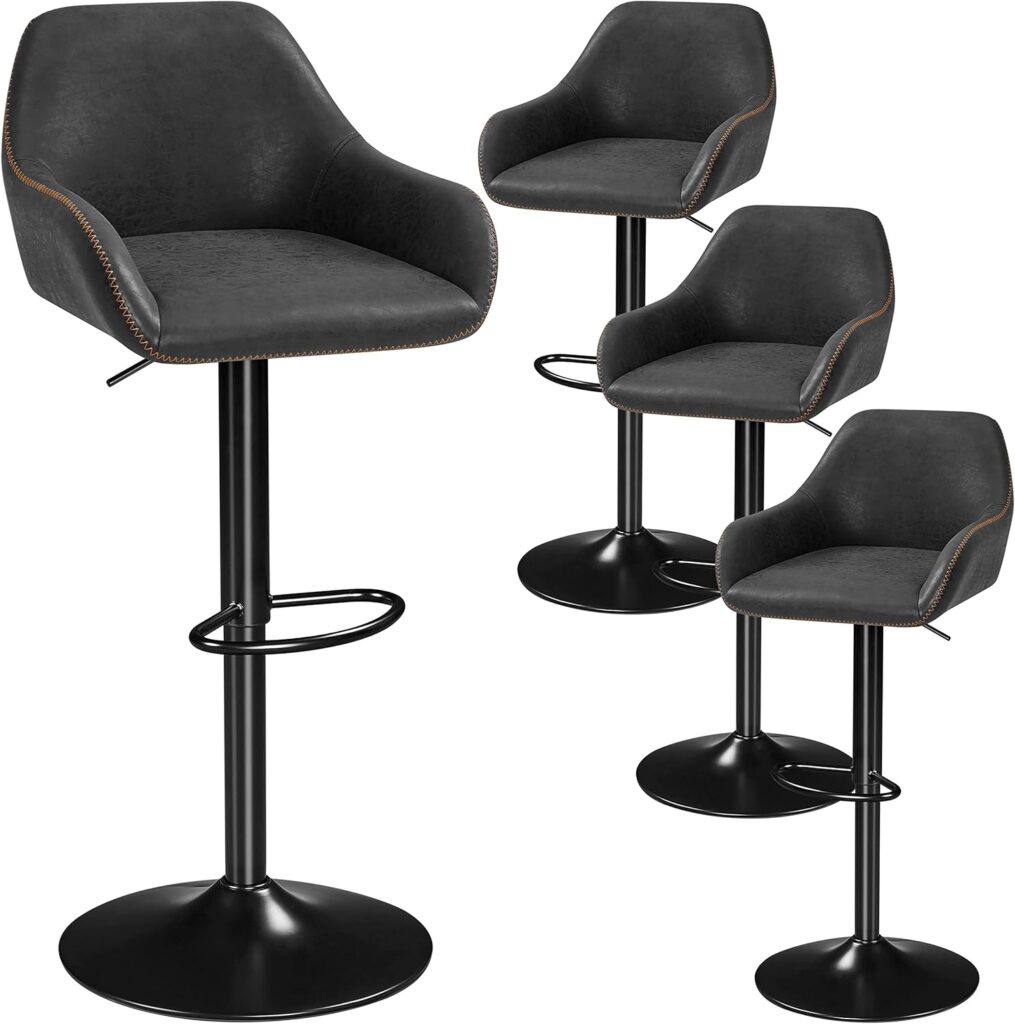 Yaheetech Bar Stools Set of 4, PU Leather Swivel Counter Height Barstools, Adjustable Bar Chairs with Backrest and Footrest, Kitchen Island Stool for Home Kitchen, Black