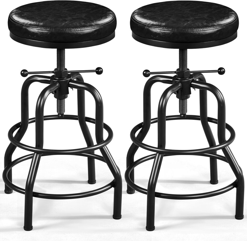 Yaheetech Industrial Bar Stools Vintage Counter Height Bar Stool with Round Faux Leather Seat Metal Stool Adjustable Kitchen Stool 21.5-28 Inch Tall Black, 2PCS