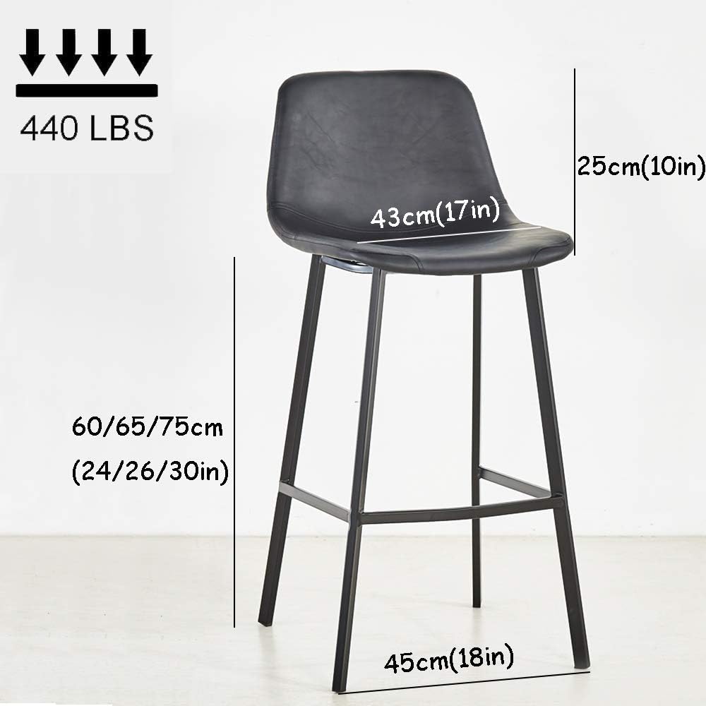 Black Wrought Iron Bar Stool, Modern Commercial High Chair, Counter Height 24/26/30in, PU Leather Cushion, Bar, Dining Room, Cafe, Hotel, Kitchen Chair