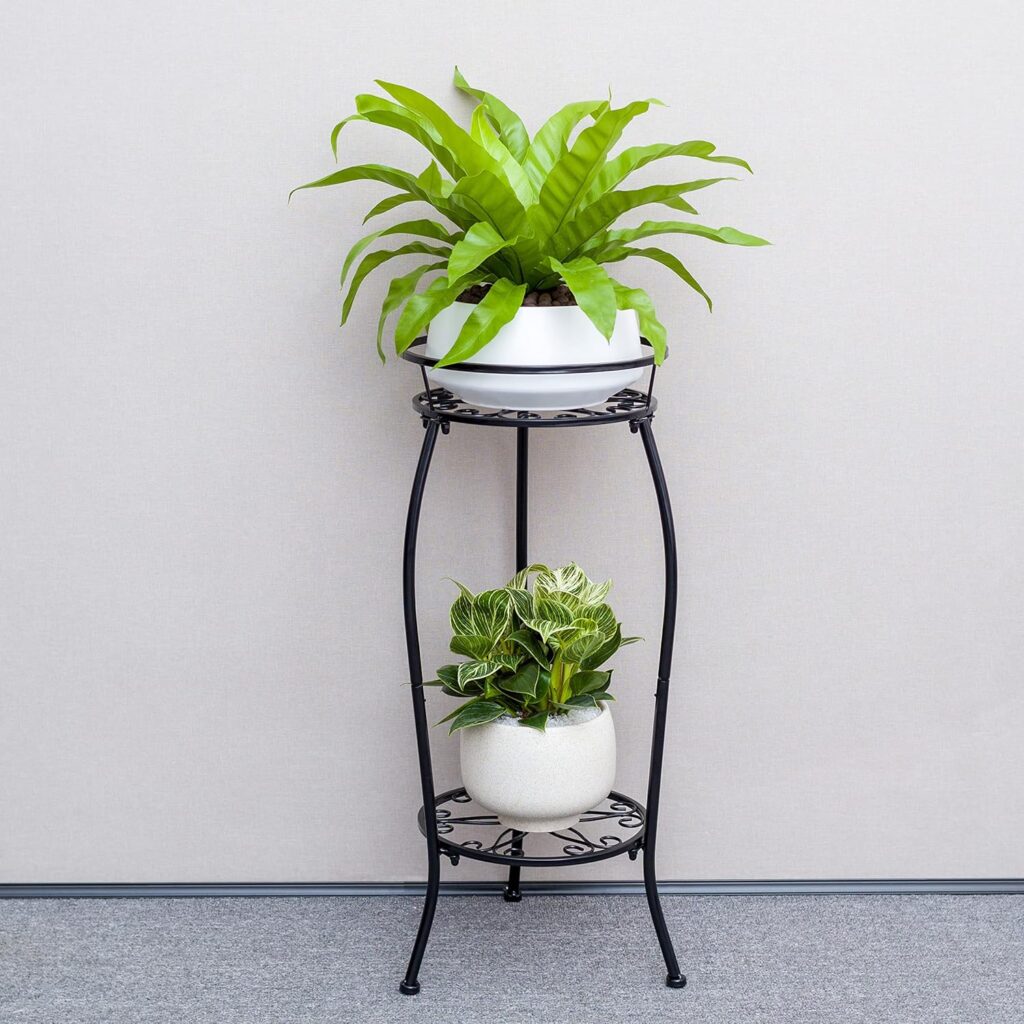 FaithLand Plant Stand, Heavy Duty Metal Planter Holder Indoor Outdoor, 2 Tier Round Potted Supports Rack, Corner Display Shelf Black