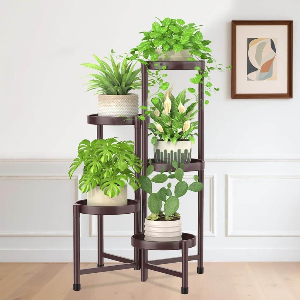iDavosic.ly 5 Tier Metal Plant Stand for Indoor Outdoor, Foldable Corner Tall Plant Shelf for Multiple Plants, Flower Pot Holder Display Stand for Living Room Balcony Garden Patio (Black)