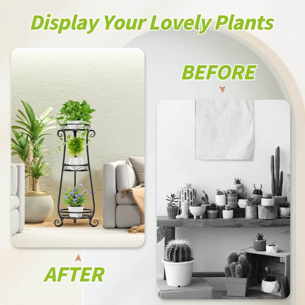 KMOTASUO 3 Tier Tall Metal Plant Stand, 33 Inch Plant Stands Indoor Outdoor, Rustproof Iron Flower Pot Holder Display Rack for Corner Patio Garden Balcony Living Room(Black)