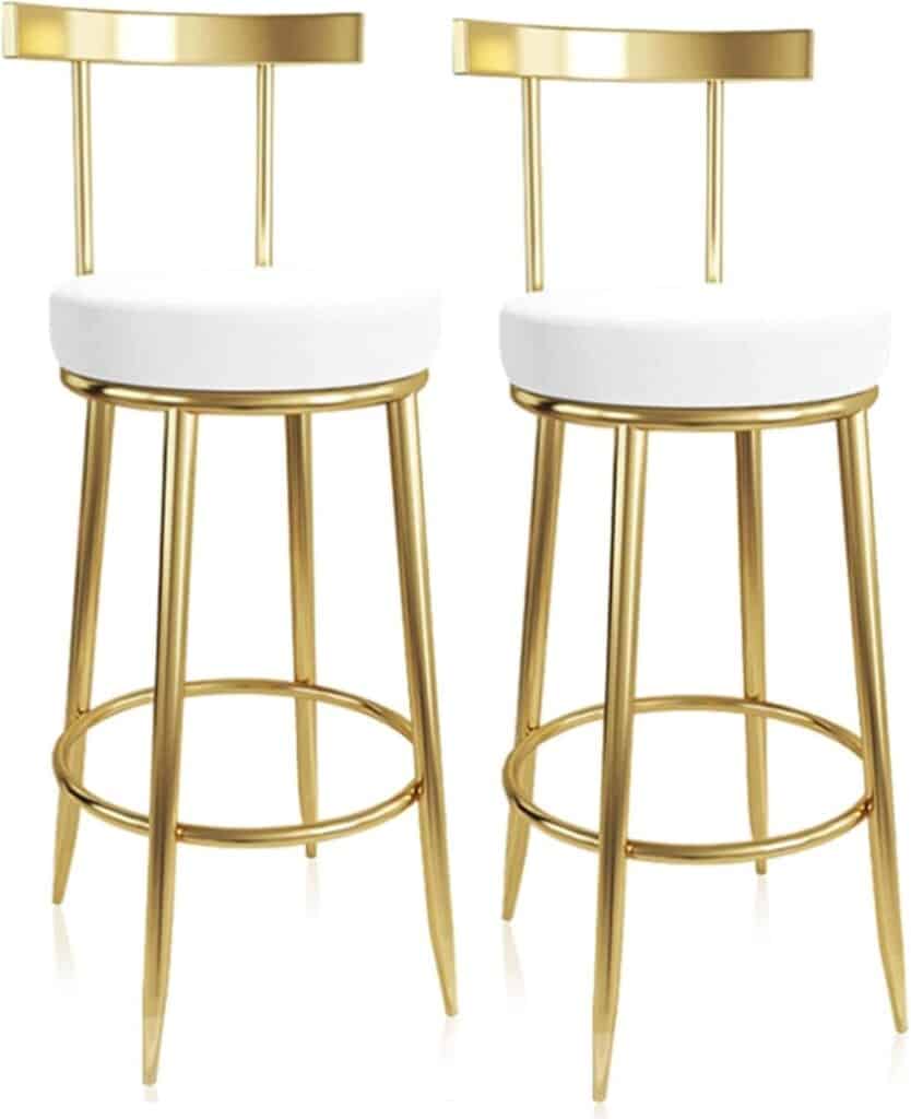 Modern Bar Stools Set for Kitchen Island, Cafe Pub Kitchen Counter Stools - Wrought Iron Bar Stool Breakfast Chair PU Leather High Stool with Backrest, Sturdy Gold Legs Max Load 150kg