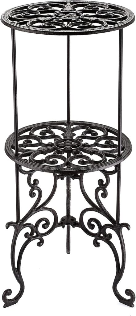 OwnMy Heavy Duty 2 Tiers Cast Iron Plant Stand Rustproof Iron Flower Pot Holder, 2 Layers Tall Vintage Rustic Decorative Potted Plant Stand Rack, Indoor Outdoor Plant Holder Metal Garden Plant Stand