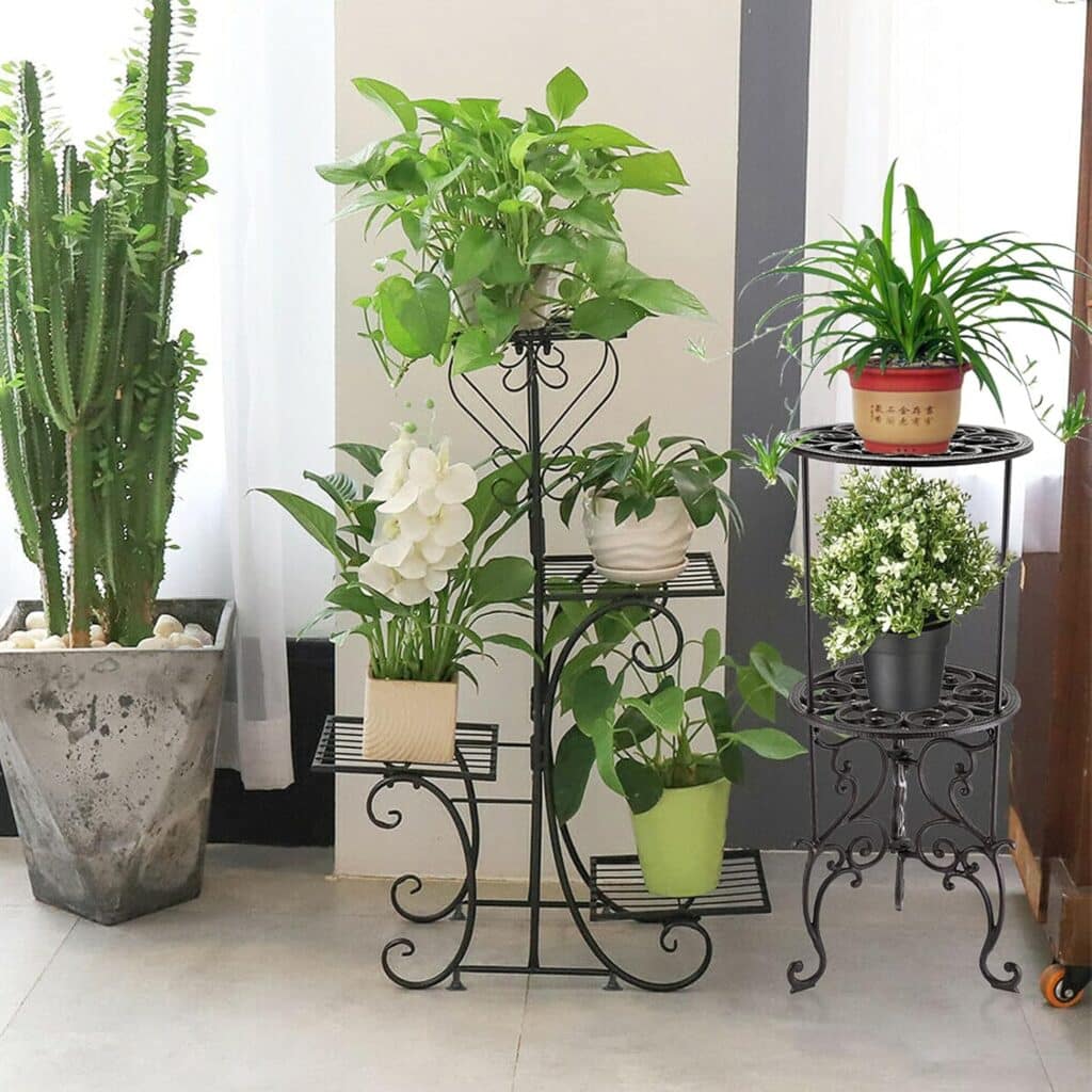 OwnMy Heavy Duty 2 Tiers Cast Iron Plant Stand Rustproof Iron Flower Pot Holder, 2 Layers Tall Vintage Rustic Decorative Potted Plant Stand Rack, Indoor Outdoor Plant Holder Metal Garden Plant Stand