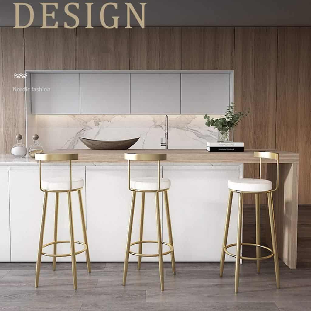 Wrought Iron Bar Stool Footrest with Backrest High Stool Gold Metal Leg Velvet Cushion, 45cm Footrest Bistro Pub Kitchen Breakfast Chair