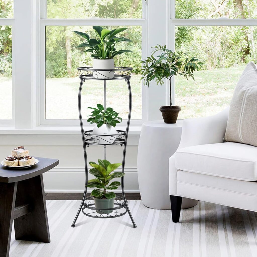 Metal Plant Stand Shelf Rack Indoor Outdoor Multiple Black 3 Tier Tall Corner Flower Pot Holder Stands Tiered Wrought Iron Planter Shelves for Patio Living Room Balcony Office (Black)