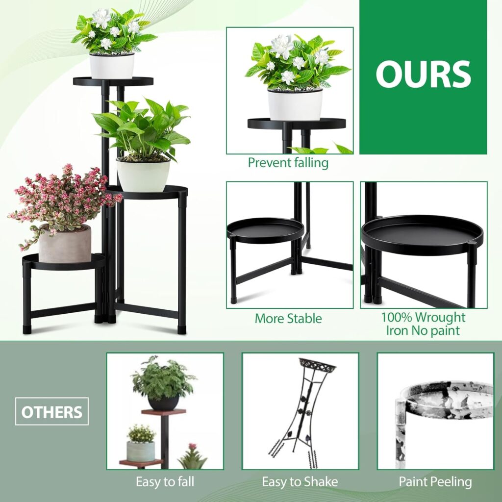 Metal Plant Stand Shelf Rack Indoor Outdoor Multiple Black 3 Tier Tall Corner Flower Pot Holder Stands Tiered Wrought Iron Planter Shelves for Patio Living Room Balcony Office (Black)