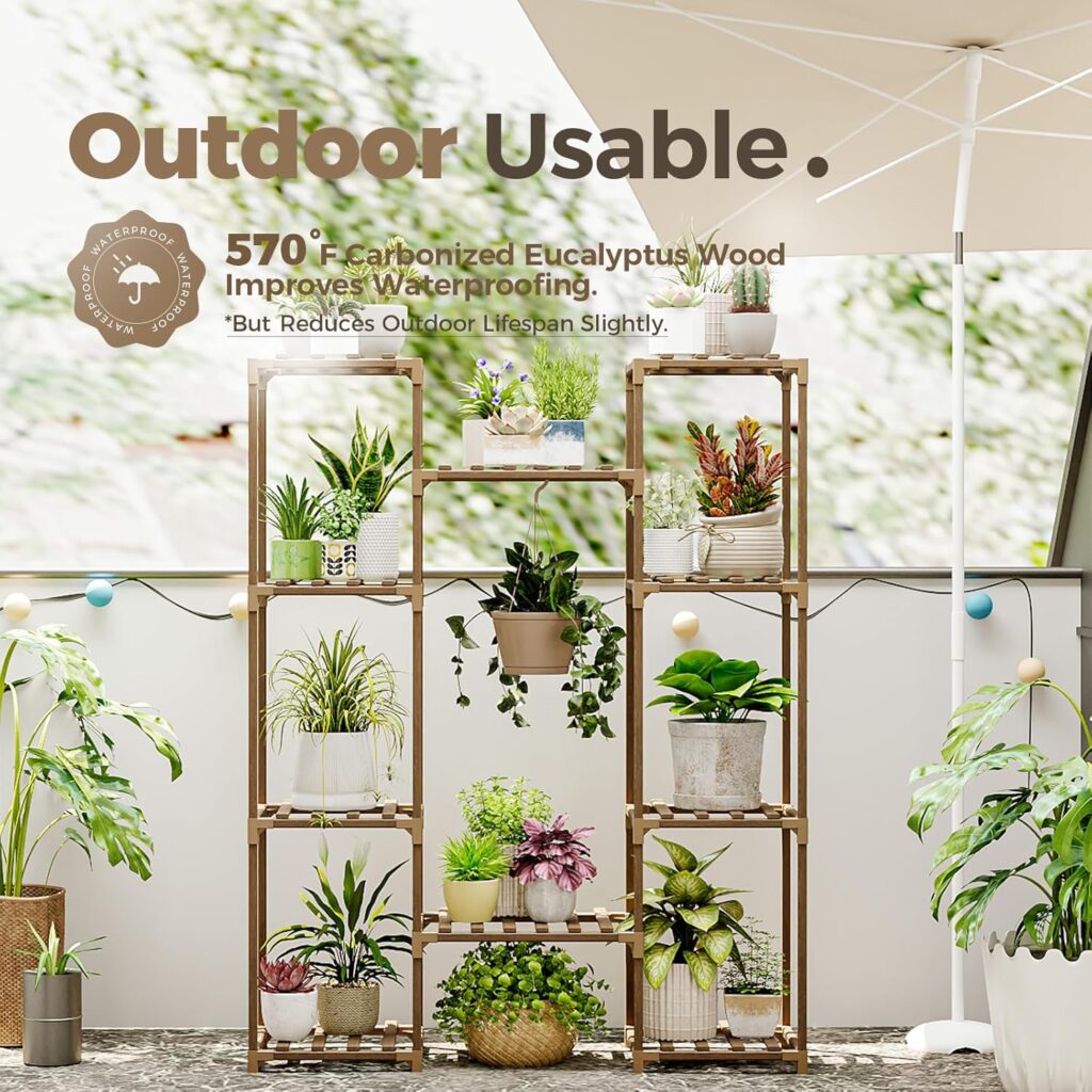 Bamworld Plant Stand Indoor Outdoor Tall Plant Shelf for Multiple Plants Pots Wood Flower Stand Large Flower Holder for Living Room, Patio, Balcony, Garden Decor, Brown