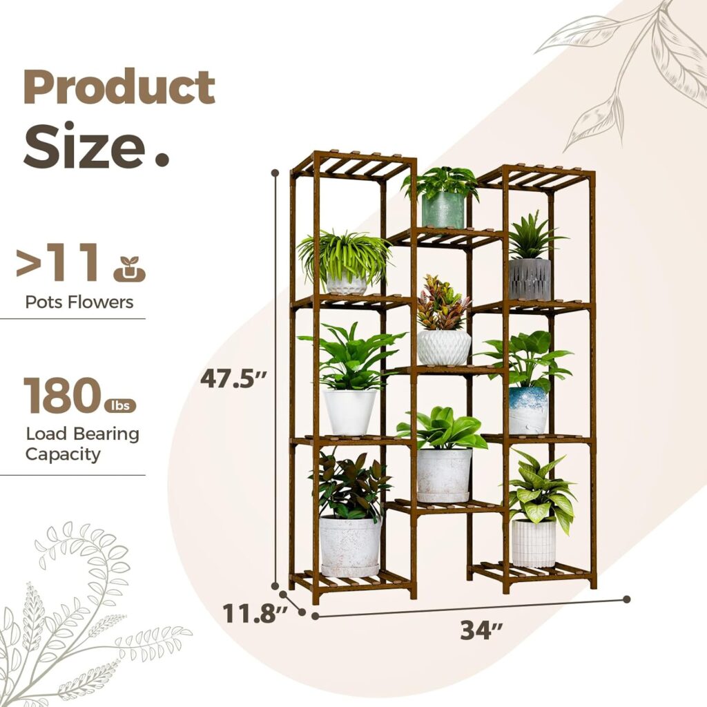 Bamworld Plant Stand Indoor Outdoor Tall Plant Shelf for Multiple Plants Pots Wood Flower Stand Large Flower Holder for Living Room, Patio, Balcony, Garden Decor, Brown