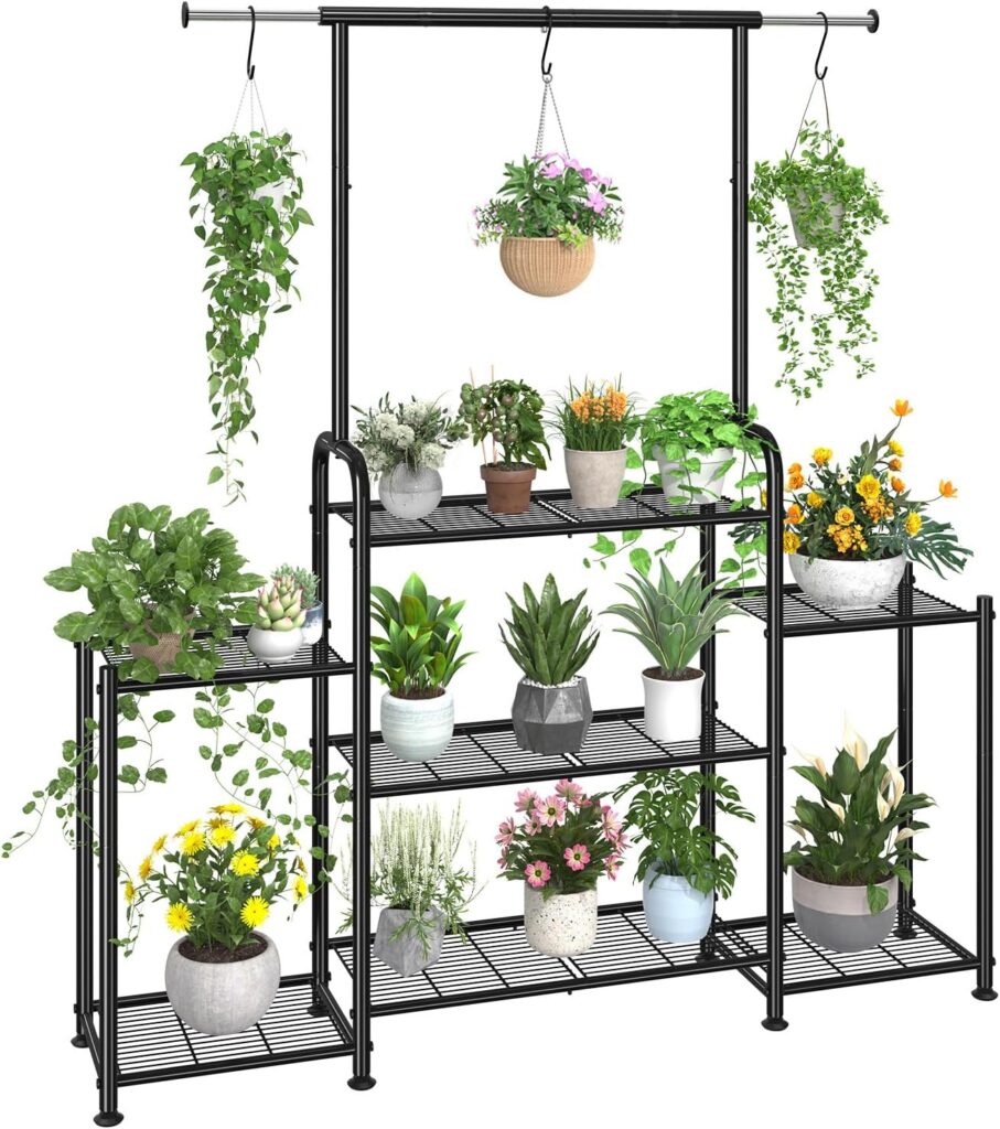 Simple Trending Plant Stand Indoor Outdoor, Metal 3 Tier Tall Hanging Plant Shelf for Multiple Flower Planter Large Heavy Duty Ladder Plant Holder for Garden, Black