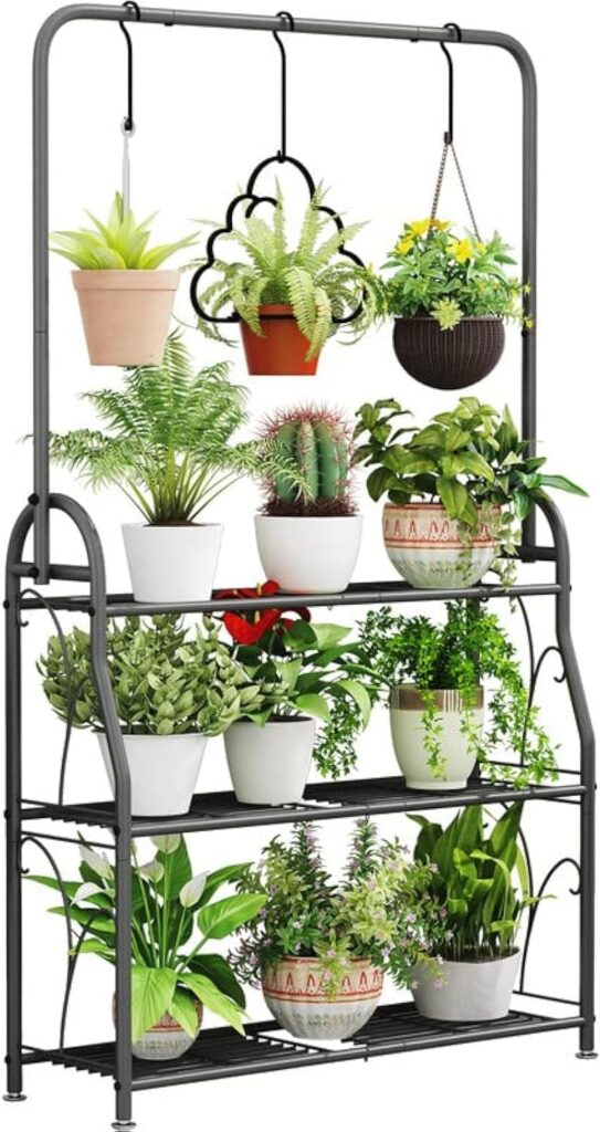 SORCEDAS Plant Stand Indoor Outdoor Plant Stands 3 Tier Metal Corner Plant Shelf Multiple Holder for Living Room Balcony Garden, Dark Grey