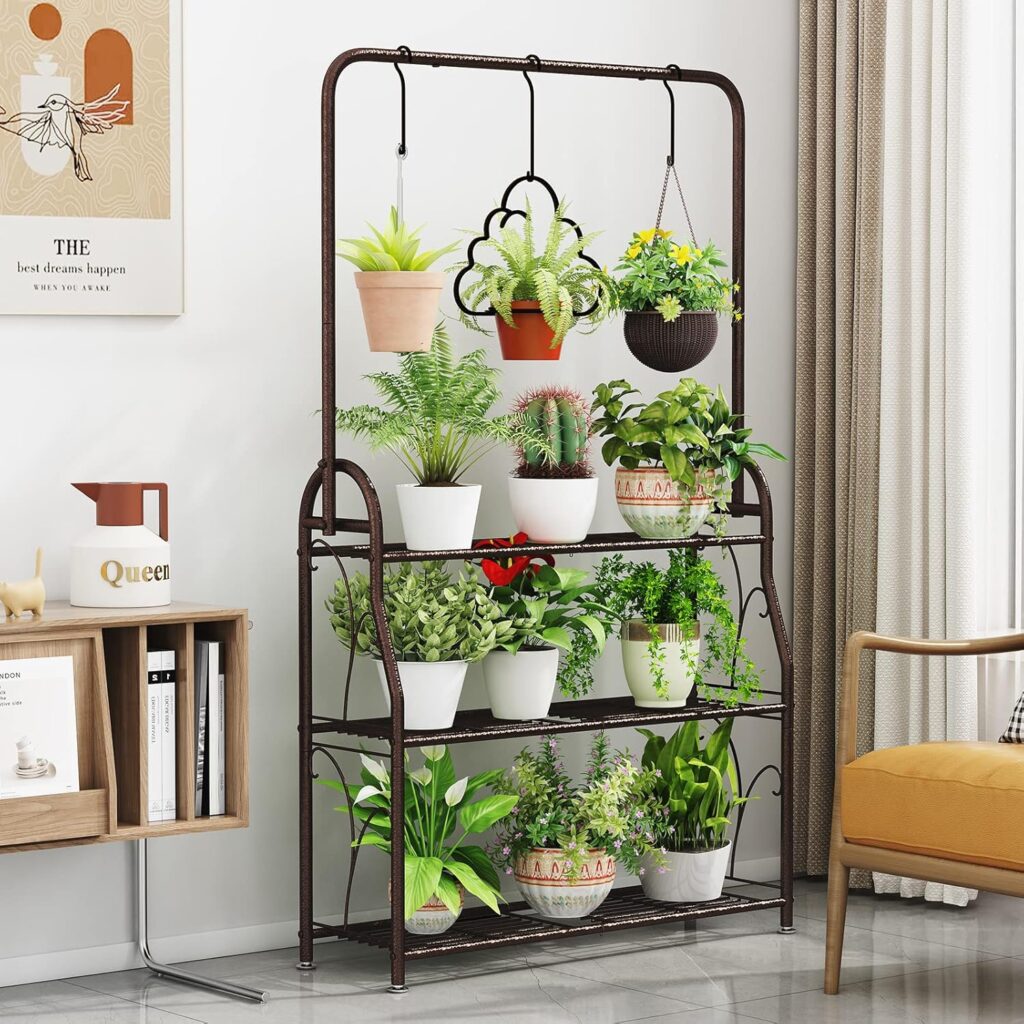 SORCEDAS Plant Stand Indoor Outdoor Plant Stands 3 Tier Metal Corner Plant Shelf Multiple Holder for Living Room Balcony Garden, Dark Grey