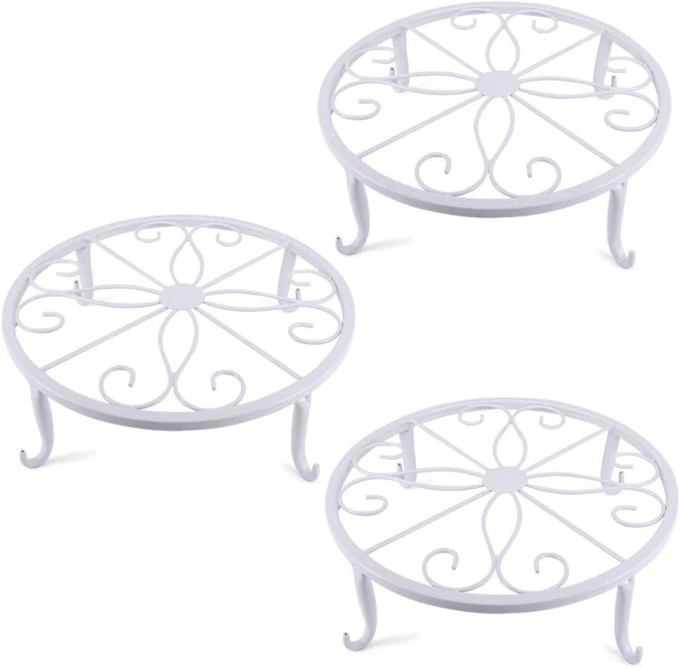 QISHENG Metal Plant Stand Wrought Iron Planter,Iron Art Flower Pot Supporting Stand Indoor Outdoor Garden Set of 3 (White)